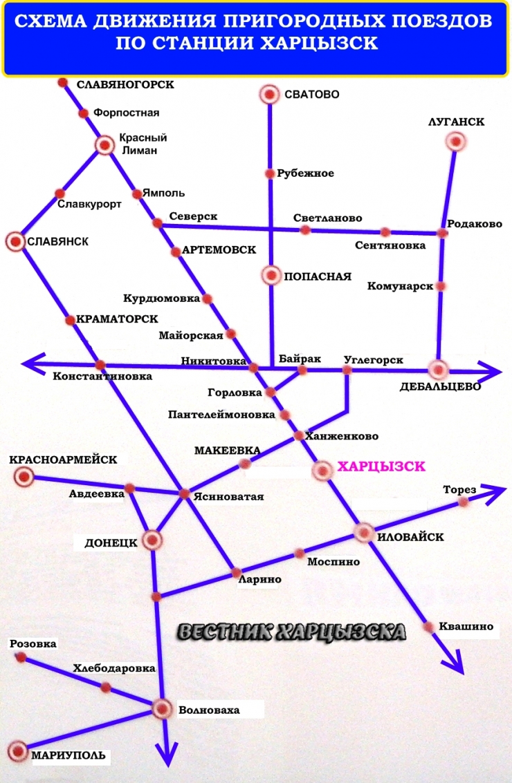 Схема движения электричек от станции Харцызск